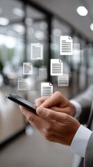 Poster - Hands engage with a smartphone displaying CRM software and digital security features in a light grey-blue office backdrop