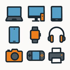 Poster - Modern technology devices laptop, computer, tablet, phone, watch, headphones, camera and printer