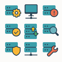 Fototapete - Network and server management icons in a flat design style for technology solutions