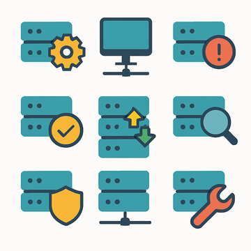 Network and server management icons in a flat design style for technology solutions