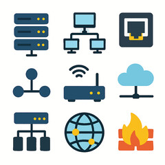 Fototapete - Network infrastructure and cybersecurity elements in flat vector icon illustration