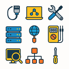 Fototapete - Network infrastructure icons depicting connection, tools, and server technology