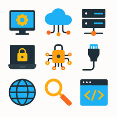 Fototapete - Network infrastructure vector icons depicting cloud computing and cybersecurity