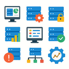 Fototapete - Network server icons depicting database management, data analysis and storage solutions