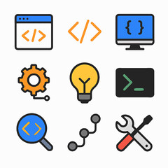 Fototapete - Programming and development vector icons showcasing coding, configuration, and solutions
