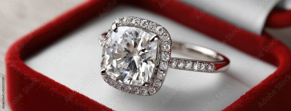 White gold engagement ring featuring a round-cut diamond surrounded by smaller diamonds rests in an elegant velvet box under soft lighting