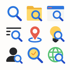 Fototapete - Search icons collection featuring magnifying glass, folder, location, lightbulb and document
