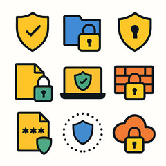 Fototapete - Security icons with shield, lock, folder, document, laptop, firewall and cloud