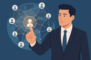 Poster - Businessman touching customer global structure, networking and data exchanges on a virtual screen. Digital marketing, Social Media, Communication network and Internet business concept.