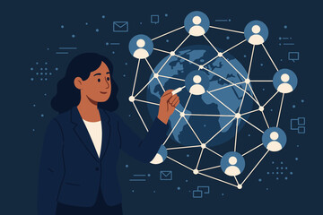Poster - Global business connection concept. Professional woman managing an international team on a digital network. Social media, communication technology, globalization, and leadership.