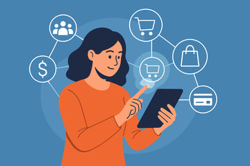 Fototapete - Digital online marketing and e-commerce concept. Woman using tablet for payments and online shopping with customer network icons on a virtual screen. Mobile banking and retail.