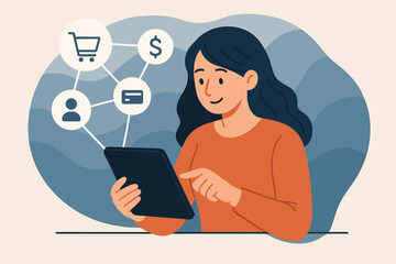 Fototapete - Online shopping and e-commerce vector concept. Woman using tablet for mobile banking and digital payments. Customer buying on an internet store. Flat illustration for marketing.