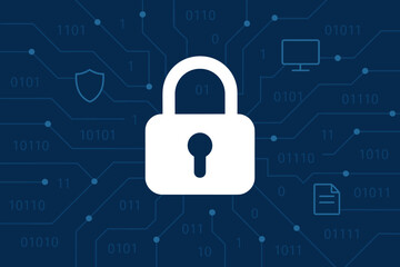 Fototapete - Cyber security concept with digital padlock icon. Network data protection, internet safety, and privacy. Technology background with binary code for authorized access and authentication.