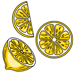 Poster - Vibrant vector illustration of three lemon slices in various positions, showcasing a hand-drawn style with bold outlines and bright yellow hues.