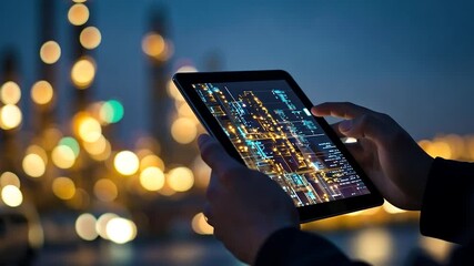 Poster - Person using tablet at night, showing city lights and data