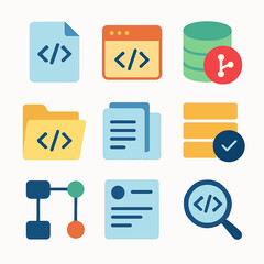 Fototapete - Set of colorful vector icons representing software development and database management