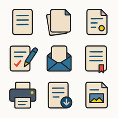 Poster - Set of document and file icons featuring paper, envelope, printer, and download