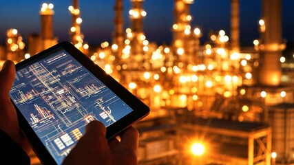Poster - Tablet displaying industrial blueprints at night