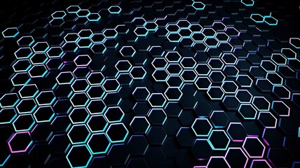 Poster - Abstract geometric background with glowing hexagons in cyan and magenta