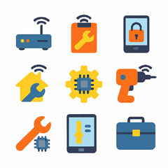 Poster - Smart home repair tools and technology devices vector icons set in vibrant colors