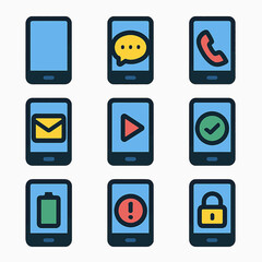 Poster - Smartphone interface icons display communication and function symbols on blue screens