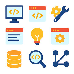Fototapete - Software development concept with coding symbols and tools in colorful icons