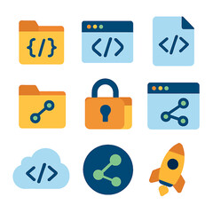 Fototapete - Software development icons featuring folders, code, lock, share, cloud and rocket