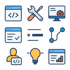 Fototapete - Software development icons representing coding, testing, analysis, and optimization