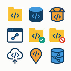 Fototapete - Software development icons showcasing database, folder, cloud and coding elements set on white