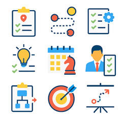 Poster - Strategy planning and business development icons presenting marketing and management concepts
