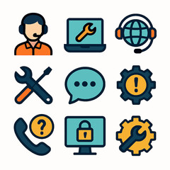 Fototapete - Technical support icons set featuring customer service, settings and assistance