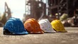 © Bog - The colorful safety helmets arranged on a construction site background.
