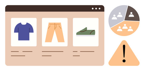Poster - Online store layout displaying shirt, pants, shoes, beside a pie chart of user analytics and a caution sign. Ideal for e-commerce, analytics, fashion, caution, marketing user behavior simple flat
