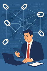 Poster - Blockchain technology concept. Businessman uses laptop and tablet on a global networking background. Data network connection, internet security, and binary coded crypto chain vector.