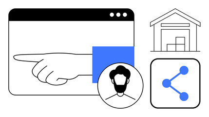 Poster - Hand pointing on a webpage, user profile icon, share functionality icon, and warehouse outline with goods. Ideal for logistics, e-commerce, user interface, sharing, networking team collaboration