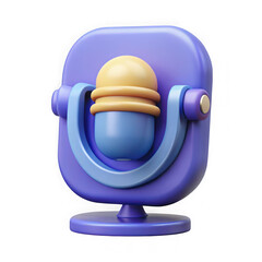 Poster - Stylized 3d cartoon microphone with a purple stand and blue and yellow elements isolated on transparent background