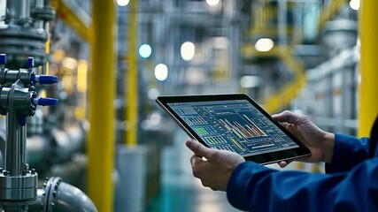 Poster - Industrial worker using a tablet in a factory.