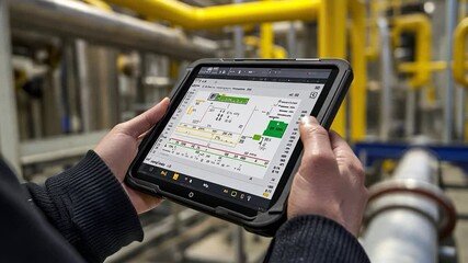 Poster - Person holding a tablet displaying industrial process monitoring software.