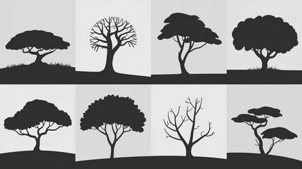 set of trees silhouettes