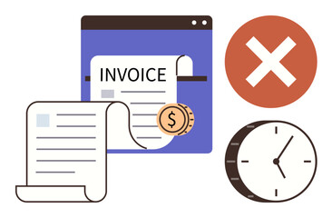 Poster - Unpaid invoice represented by document with coin, clock showing deadline, and red cross icon. Ideal for accounting, payment delay, missed deadlines, financial errors, late fees, workflow issues