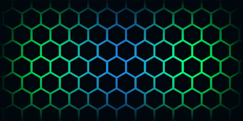 Poster - Dark hexagon abstract technology background with blue and green colored bright flashes under hexagon. Hexagonal gaming vector tech illustration black abstract background.