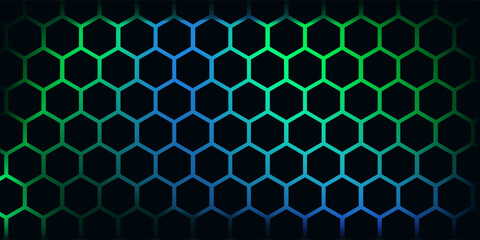 Poster - Dark hexagon abstract technology background with blue and green colored bright flashes under hexagon. Hexagonal gaming vector tech illustration black abstract background. Eps10