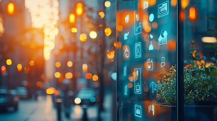 Poster - Urban digital interaction city street infographic display evening glow close-up view modern technology concept