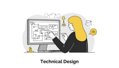 Fototapete - Female engineer in business attire reviewing technical diagrams on a computer screen in an office setting.