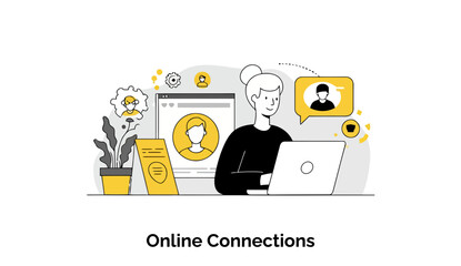 Poster - Young adult female in casual attire using a laptop for online connections in a home office setting. Focused and engaged in a digital communication, displaying online interaction with peers.