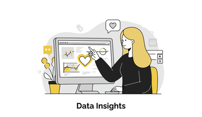 Fototapete - A young woman in comfortable casual wear is sitting at her desk in a home office, focused on analyzing data insights and performance graphs on her computer screen.