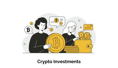 Poster - Cryptocurrency Investment Strategies by Female Professionals in Modern Office Setting. Illustrative graphic of women handling Bitcoin coins and cash in a modern investment space.