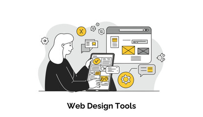 Fototapete - A female web designer in business attire interacts with digital web design tools on a tablet and computer screen in a modern office setting.