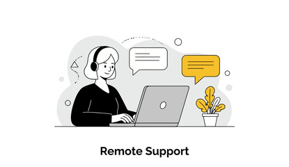 Poster - A friendly female customer service representative with a headset is providing remote support, using her laptop to assist a client from her home office environment.