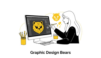 Fototapete - Female graphic designer in professional attire working on a computer design project featuring a bear logo, home office setting.